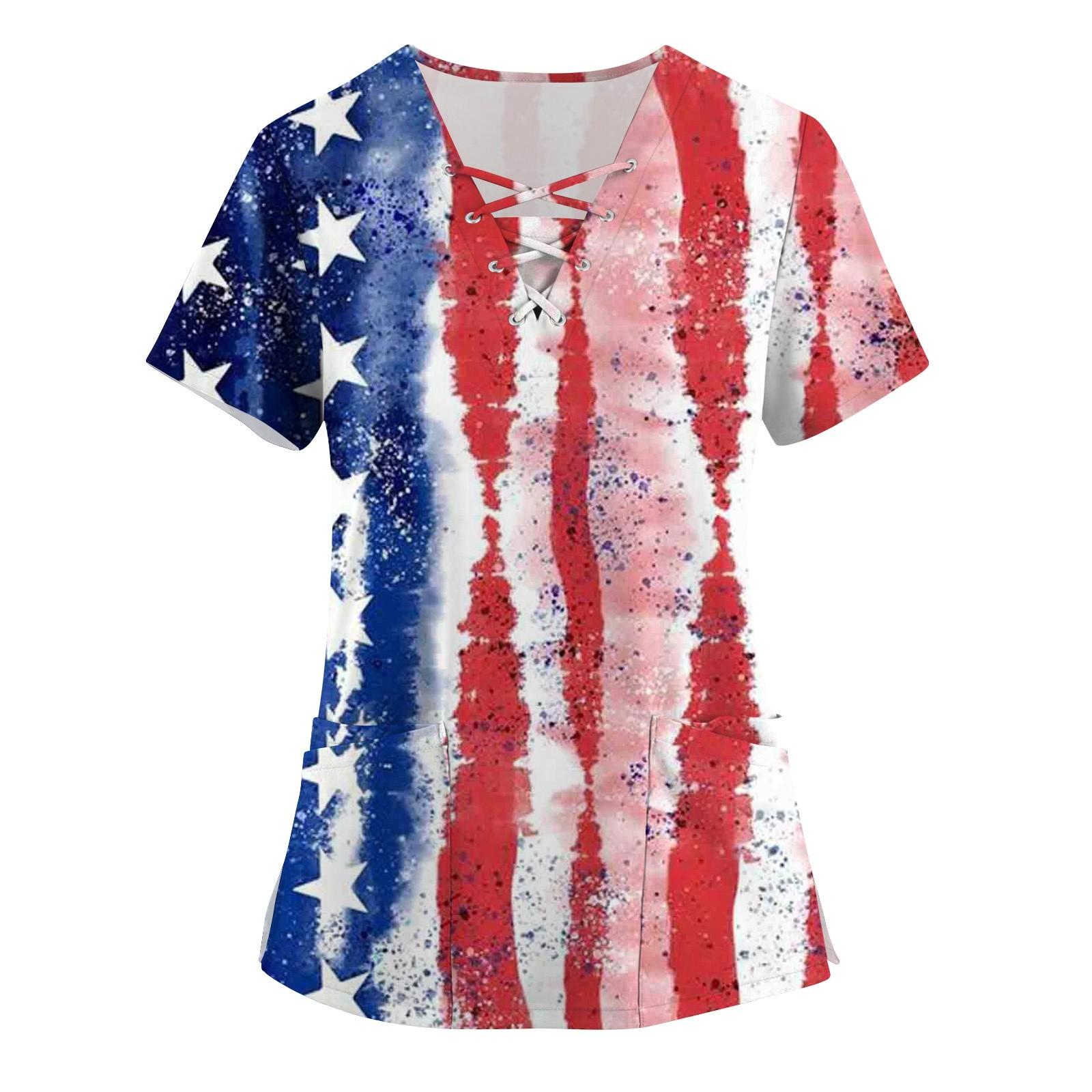 

Женская мода с коротким рукавом и v-образным вырезом на шнуровке с карманом и принтом ко Дню независимости XL