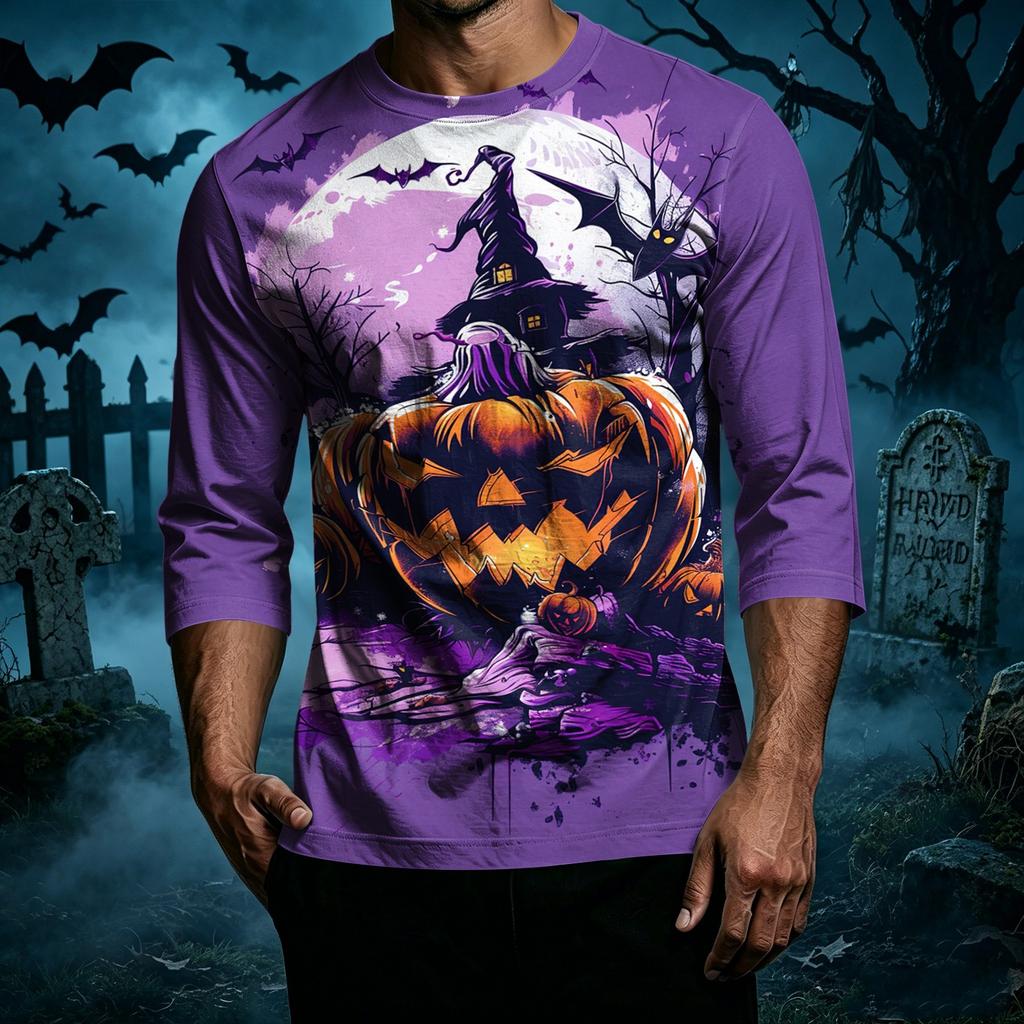 Men's Casual Halloween Print Crew Neck T Shirt Three Quarter Sleeve Top Lightweight Comfortable Fit Stylish Design