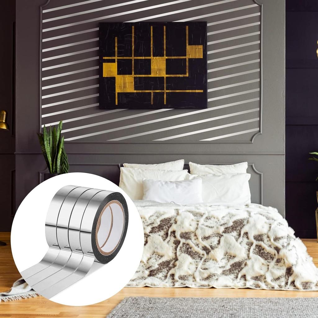 4 Rolls Silvery Metallic Mirror Tape DIY Graphic Art Tape Self-Adhesive Film Decor Tape for Wall Wardrobe Bathroom Decoration Gift Wrapping Crafts