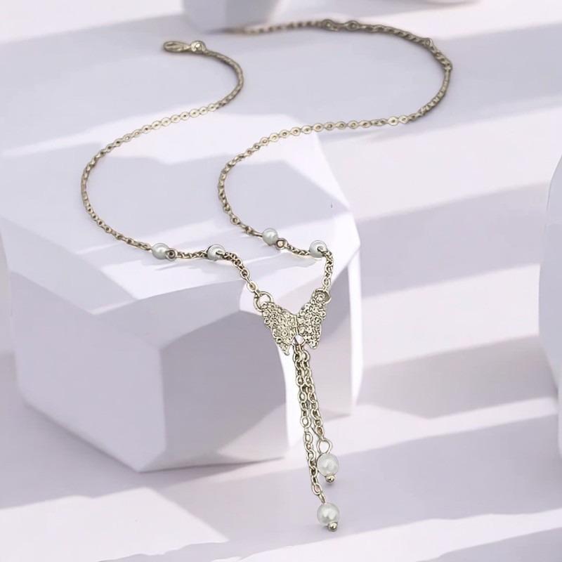

Shiny Pearl Butterfly Necklace Crystal Pendant Collar Chain Necklace Ladies Wedding Party Jewelry Gift