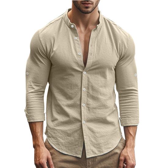 Men Cotton Linen Shirt Long Sleeve Button Down Shirt Band Collar Casual Summer Shirt