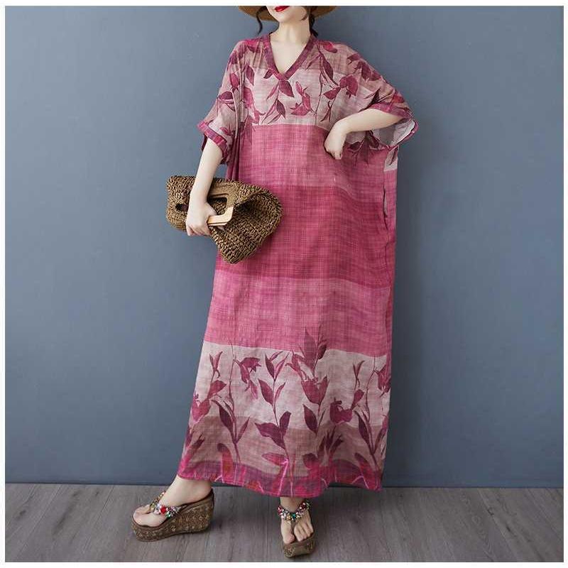 Women's V-neck Retro Long Skirt Cotton Linen Dress
