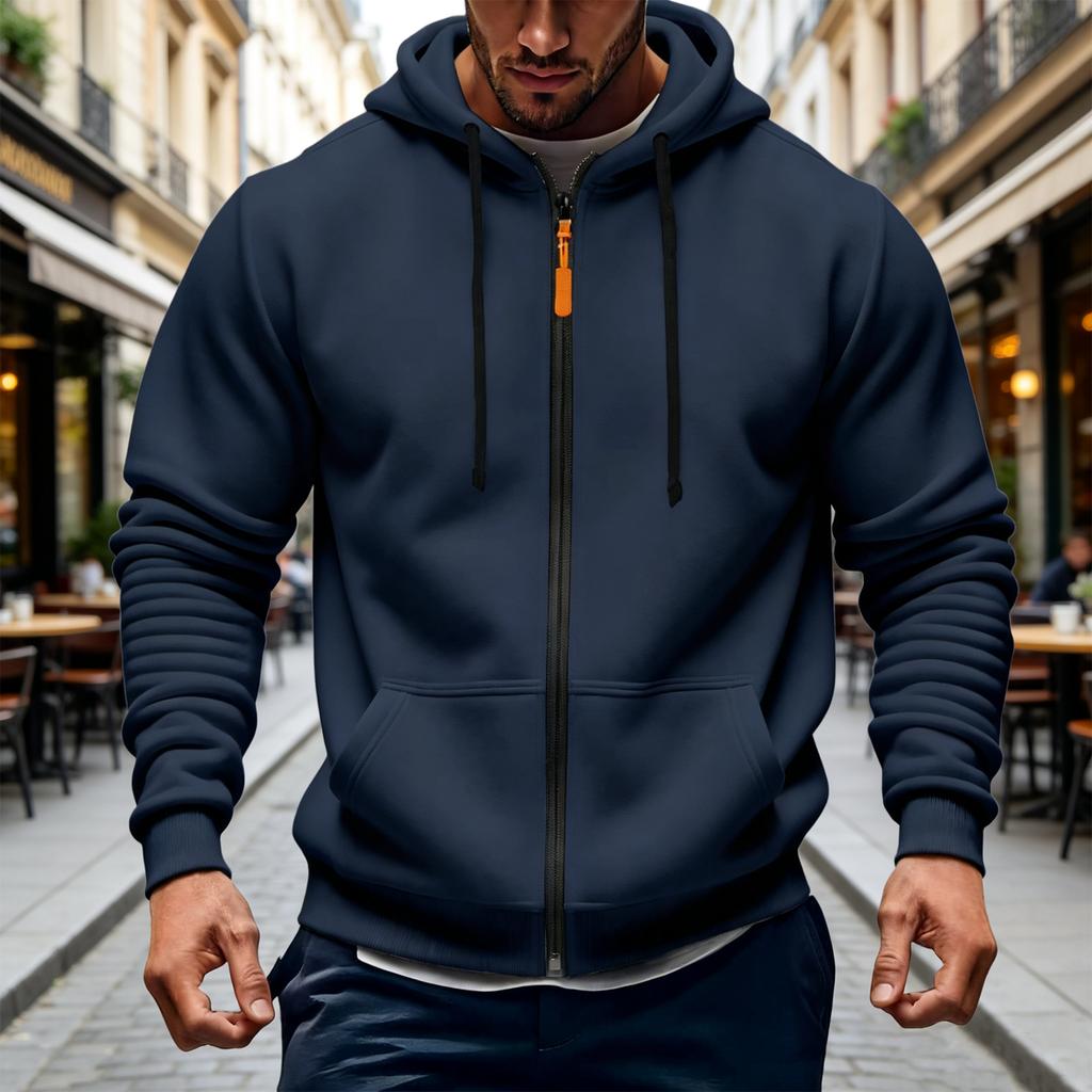 Felpa con cappuccio da uomo invernale foderata con zip, Felpa con cappuccio casual spessa, Giacca