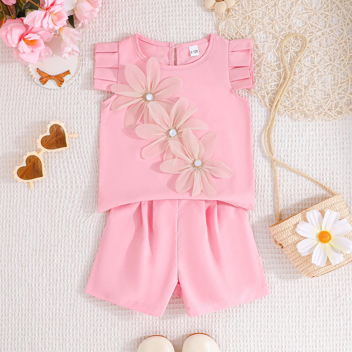 

Одежда для девочек 6 месяцев-3 лет, летний кружевной топ с короткими рукавами и принтом подсолнечника + шорты, комплект из 2 предметов 2-3Y розовый