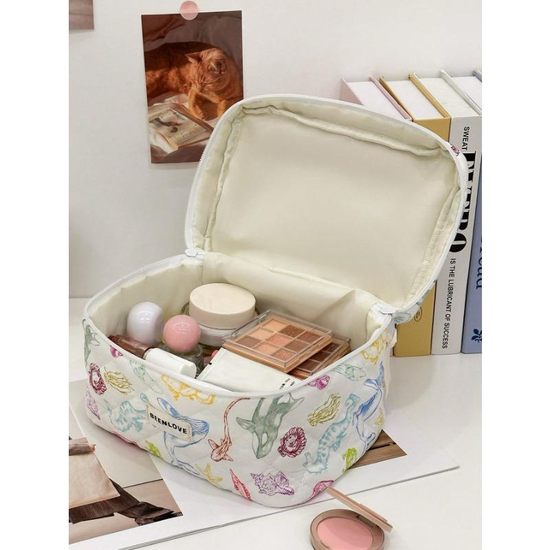 1Pc Colorful Marine Life Pattern Quilting Cosmetic Bag, Cosmetic Pouch, Makeup Bag Large Capacity Kawaii Toiletries Bag Travel Toiletry Organizer