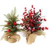 Small Christmas Artificial Plants with Burlap Base Faux Pine Branches with Red Berries/Poinsettias Flower