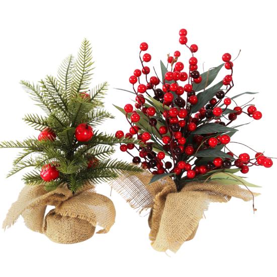 Small Christmas Artificial Plants with Burlap Base Faux Pine Branches with Red Berries/Poinsettias Flower