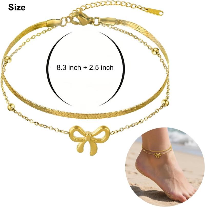 Gold Ankle Bracelets for Women 14k Gold Plated Stainless Steel Waterproof Layered Simple Chain Bow Anklets Set Fashion Jewelry