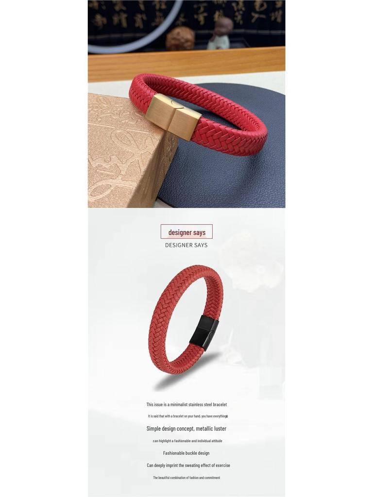 Czerwona skórzana pleciona bransoletka dla mężczyzn – Modny czerwony sznurek, prezent na Rok Benming, Rok Węża.