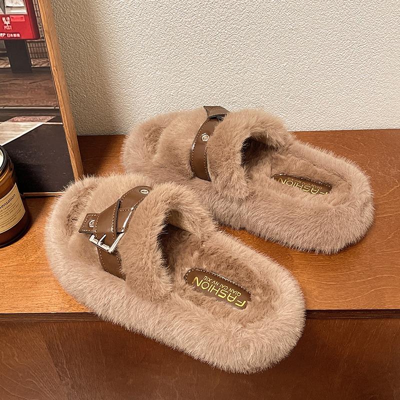 Fashion Flats Fluffy Women Slippers Fashion Buckle Autumn Comfortable Shoes Lady 2025 New Brand Classical Shoes Casual Zapatillas Mujer
