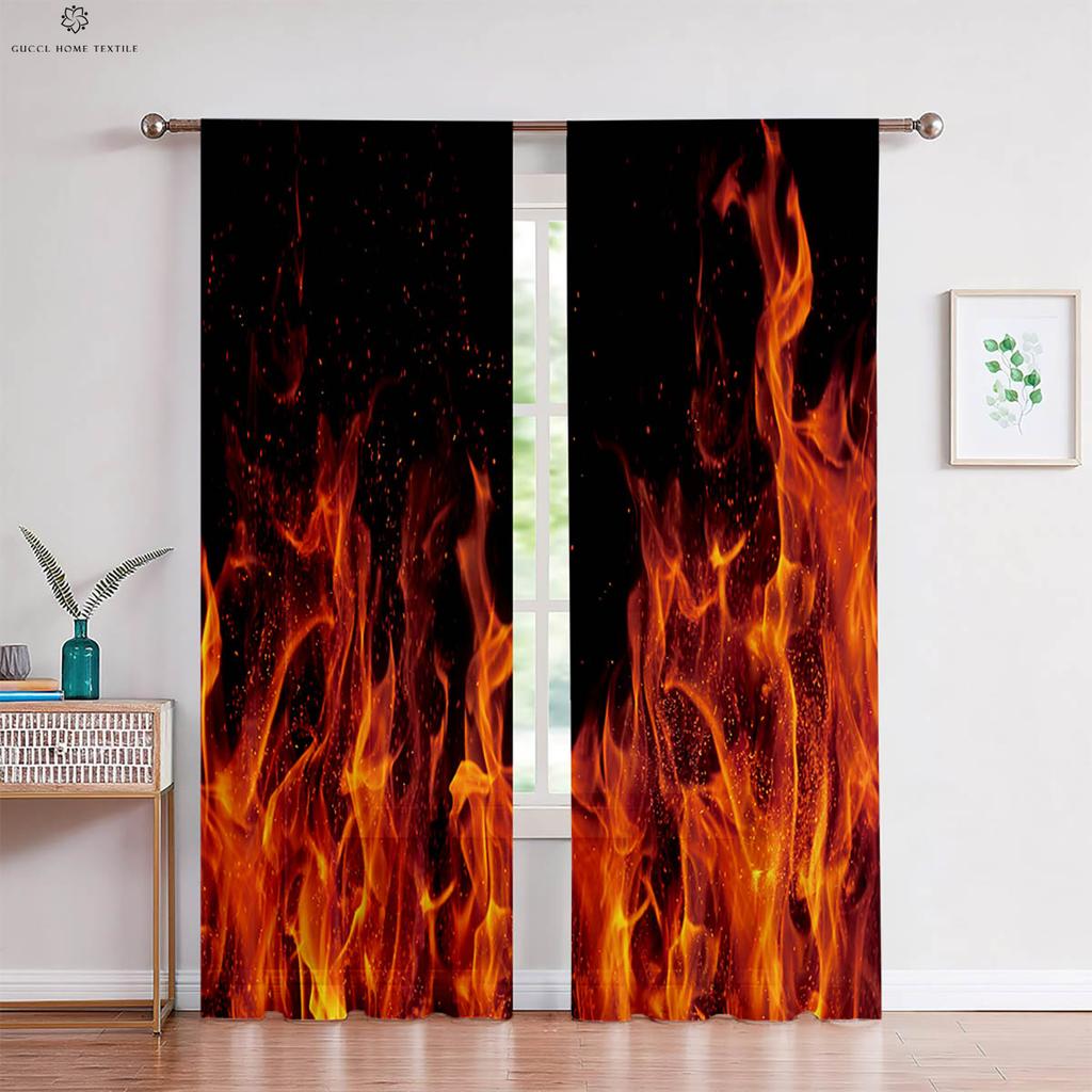 2pcs Water Flame Two Pole 3D Printing Curtain Polyester Fiber Machine Washable Bedroom Living Room Kitchen Decorative Curtain