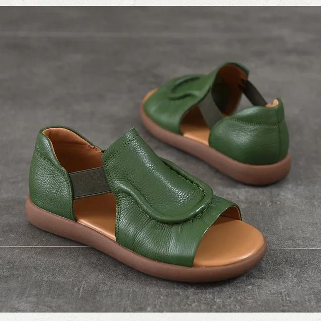 Johnature Simple Versatile Flat Sandals Genuine Leather Cowhide Hollowed Out Peep Toed Women's Shoes