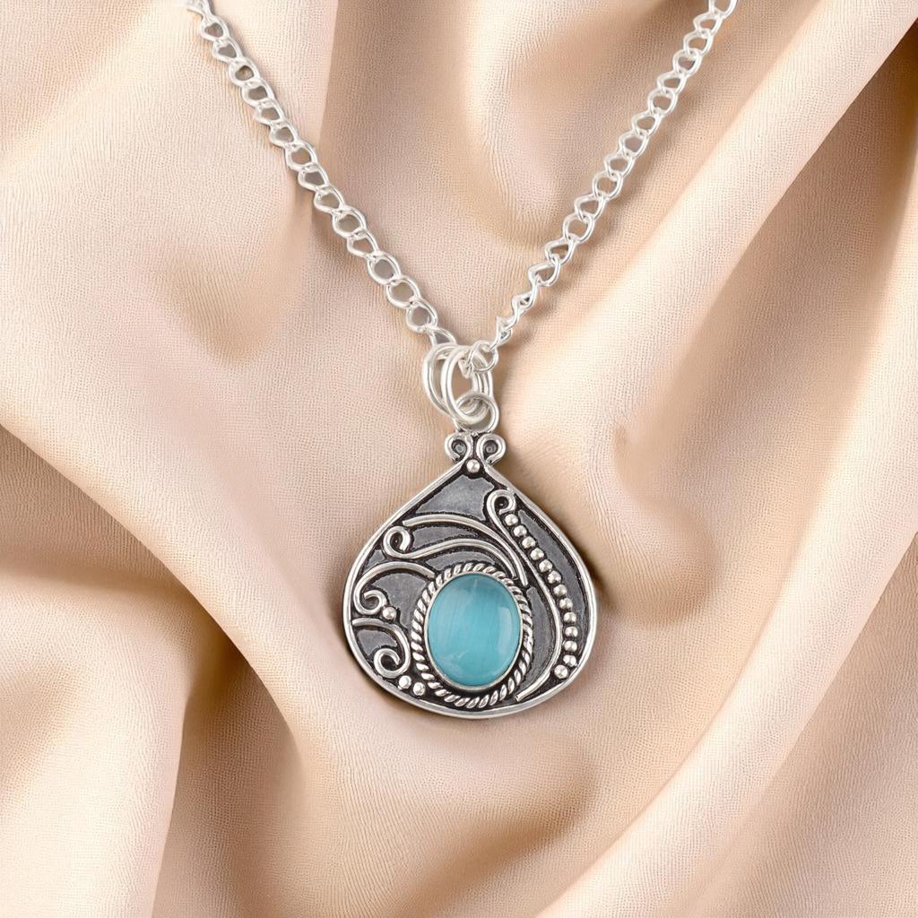 Rare Blue Cat's Eye Gemstone 925 Sterling Silver Jewelry Handmade Pendant 1.45" PP-27-34