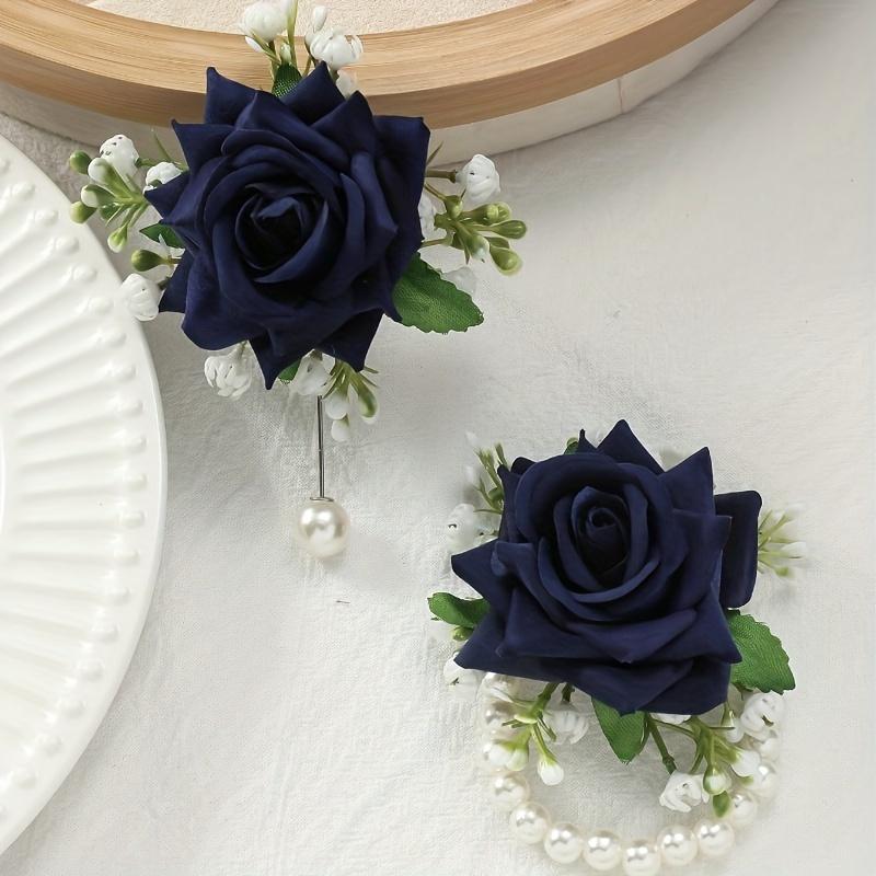 [2pcs Elegant Rose Corsage Set] 2pcs Elegant Rose Corsage and Wrist Flower Set In Polyester Fiber for School Events, Parties