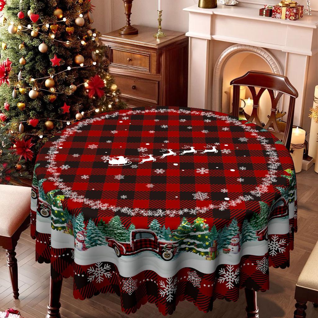 Runde Tischdecke mit Weihnachtsmotiv, Rot und Schwarz kariert, Schneemann/Weihnachtsbaum-Druck, Tischdekoration