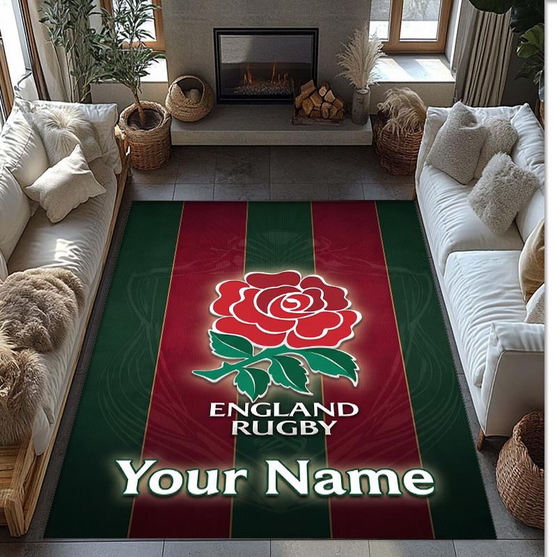 England Rugby Crystal Velvet Rug, Custom Name Text Personalized Non‑Slip Floor Mat for Home Decor Gift