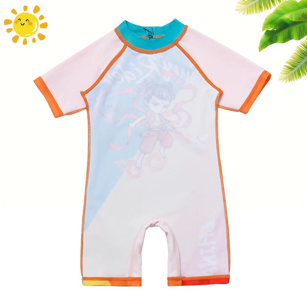 2025 Nezha Cartoon One-Piece Swimsuit with Swim Cap for Boys