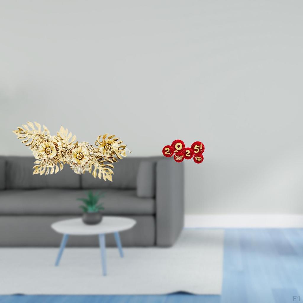Nordic Metal Wall Art Sculpture with Flower Leaves And Chinese Year Paper Fan Decorations for