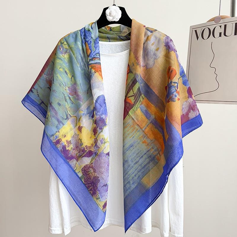 [Variety sunscreen shawl retro printed square scarf women's summer silk cotton silk scarf