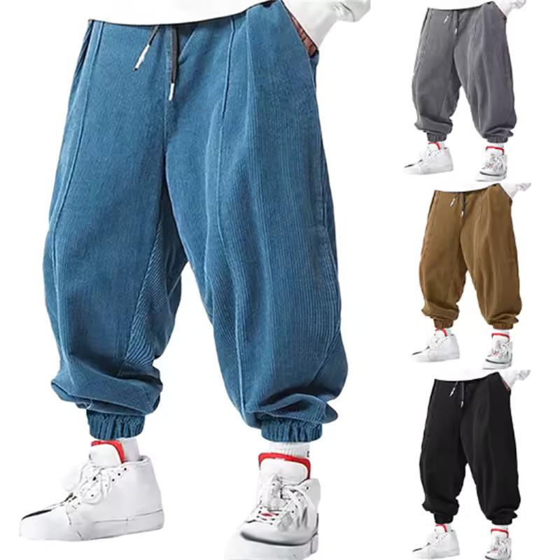 Men's Sports Jogging Corduroy Solid-color Tapered-leg Casual Pants with A Drawstring Elastic Waistband Men Cargo Pants