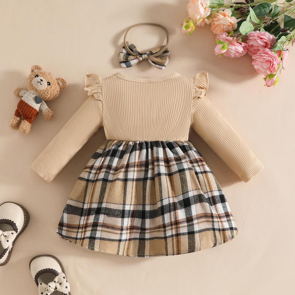 Baby Girl Cartoon Bear Plaid Patchwork Jumpsuit with Fake Straps and Long Sleeves - Autumn/Winter Trendy Outfit