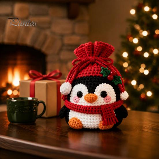 Christmas Pouch Craft Set Crochet Kit, DIY Santa Snowman Pouch, Cute Penguin Elk Bear Knitting Supplies Designs, Storage Bag Kit for Beginners,