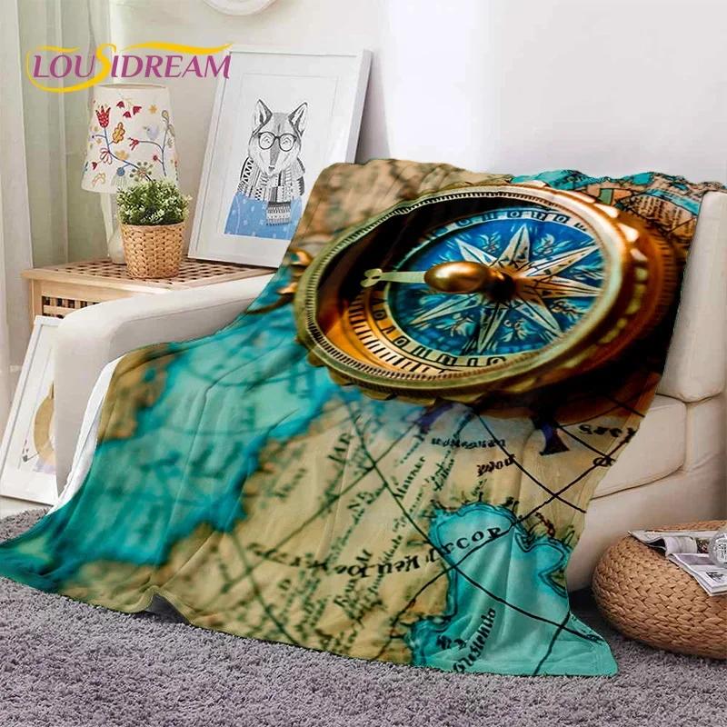 Mappa del Mondo di Carta Nautica Antica 3D Bussola Morbida Coperta in Flanella per Letti Camera da Letto Divano Picnic, Coperta da Lancio per Esterni Tempo Libero