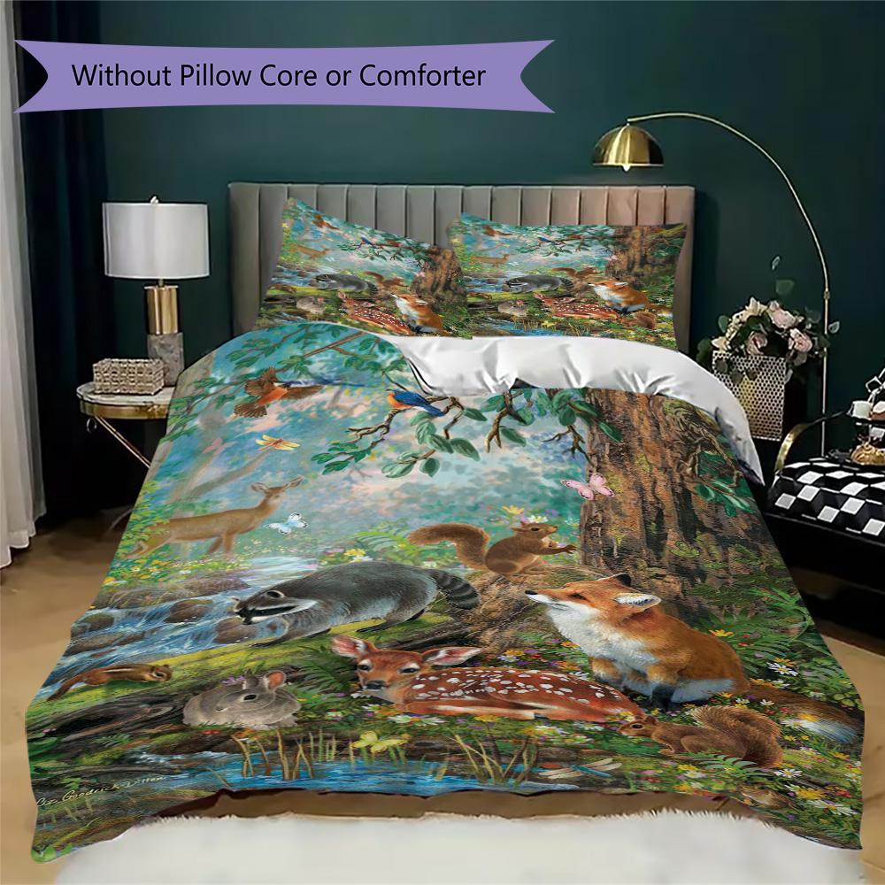 Magical Forest Wildlife Pattern Bedding,Quilt Set Quilt Cover Pillowcase Home Birthday Gift (1*duvet Cover+2*pillowcase,without core)ZSJT0917324