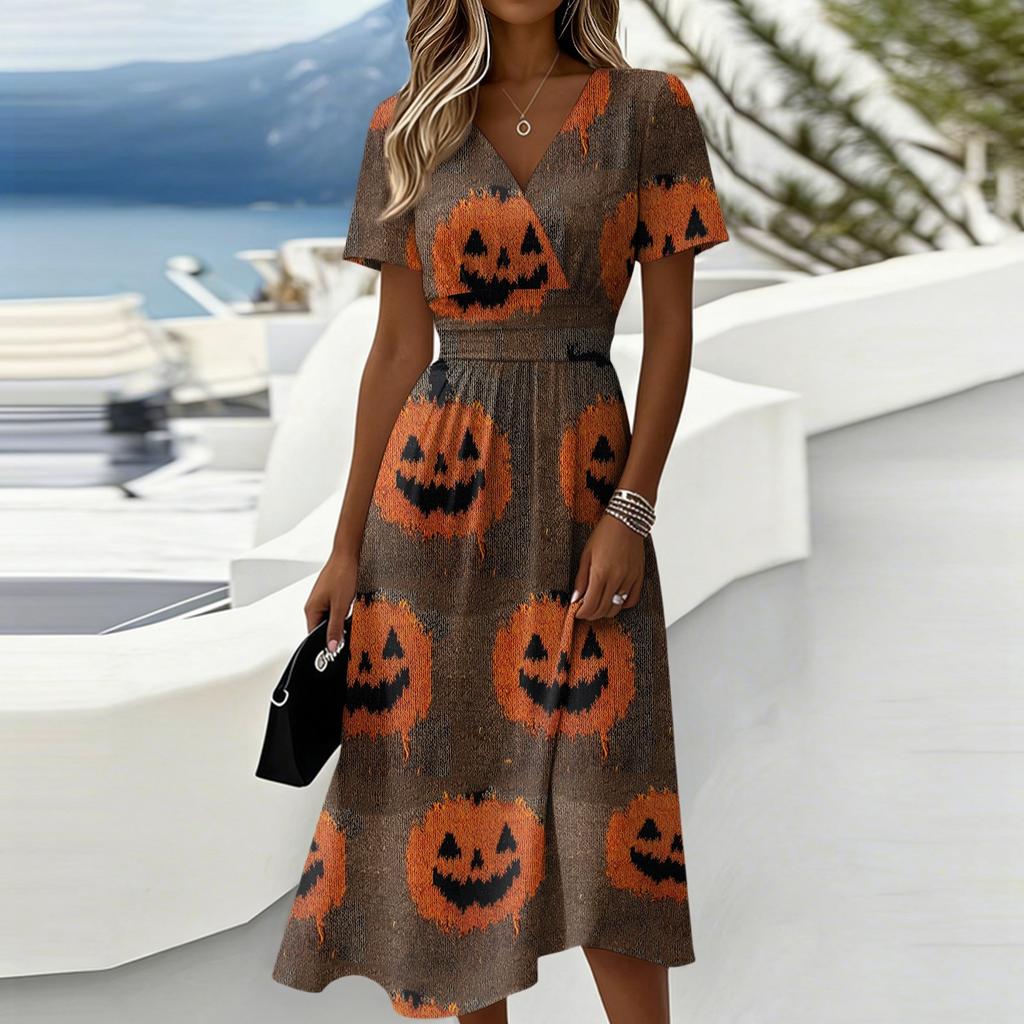 Women's Casual Short Sleeve V Neck Dress Halloween Pumpkin Print Relaxed Fit Midi Dress for Everyday Wear