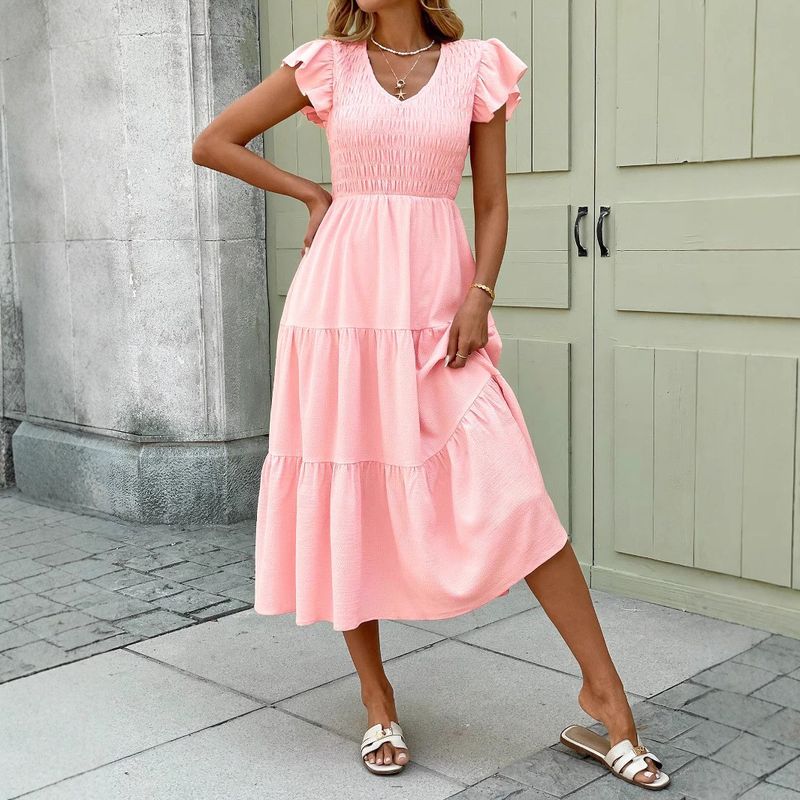 

Модный летний ветер Женское сексуальное однотонное плиссированное платье с коротким рукавом Женский отпускной стиль Пляжное талия Длинное платье Платье принцессы Pink S