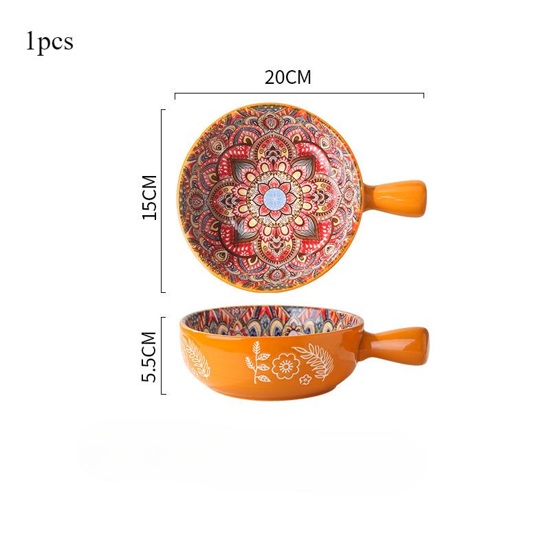 Ceramic single handle bowl Bohemian creative relief handle bowl Salad bowl Instant noodles Dessert bowl Home decoration bowl