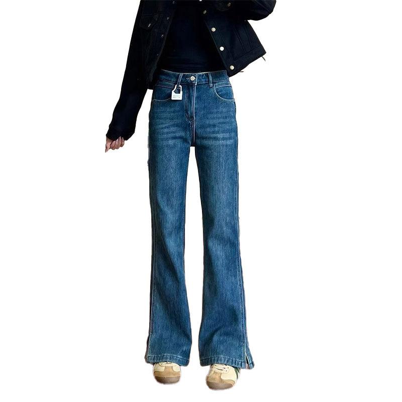 WTEMPO Elastic Slit Micro Flared Jeans for Women Plus Size High Waist Slimming Straight Leg Pants