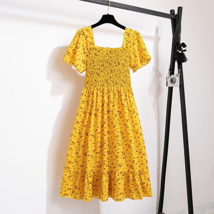Women's Floral Print Chiffon Dress Casual Summer Autumn Short Sleeve Elastic Waist A-Line Midi Dress Fashion