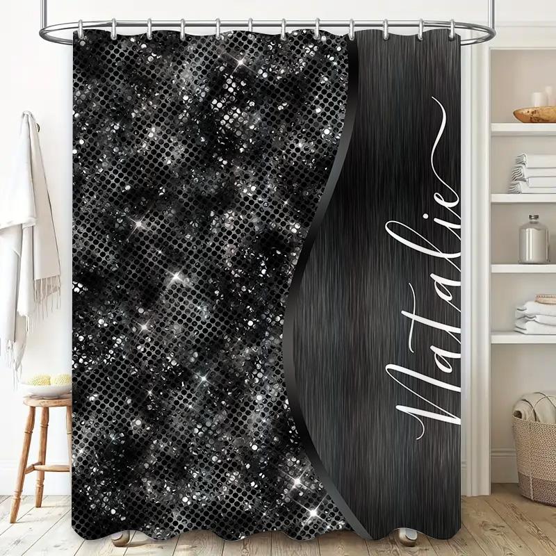 Black Sequin Shower Curtain For Bathroom Decor Shiny Sparkly Fabric With Personalized Name Modern Stylish Decorative Bath Mat Co