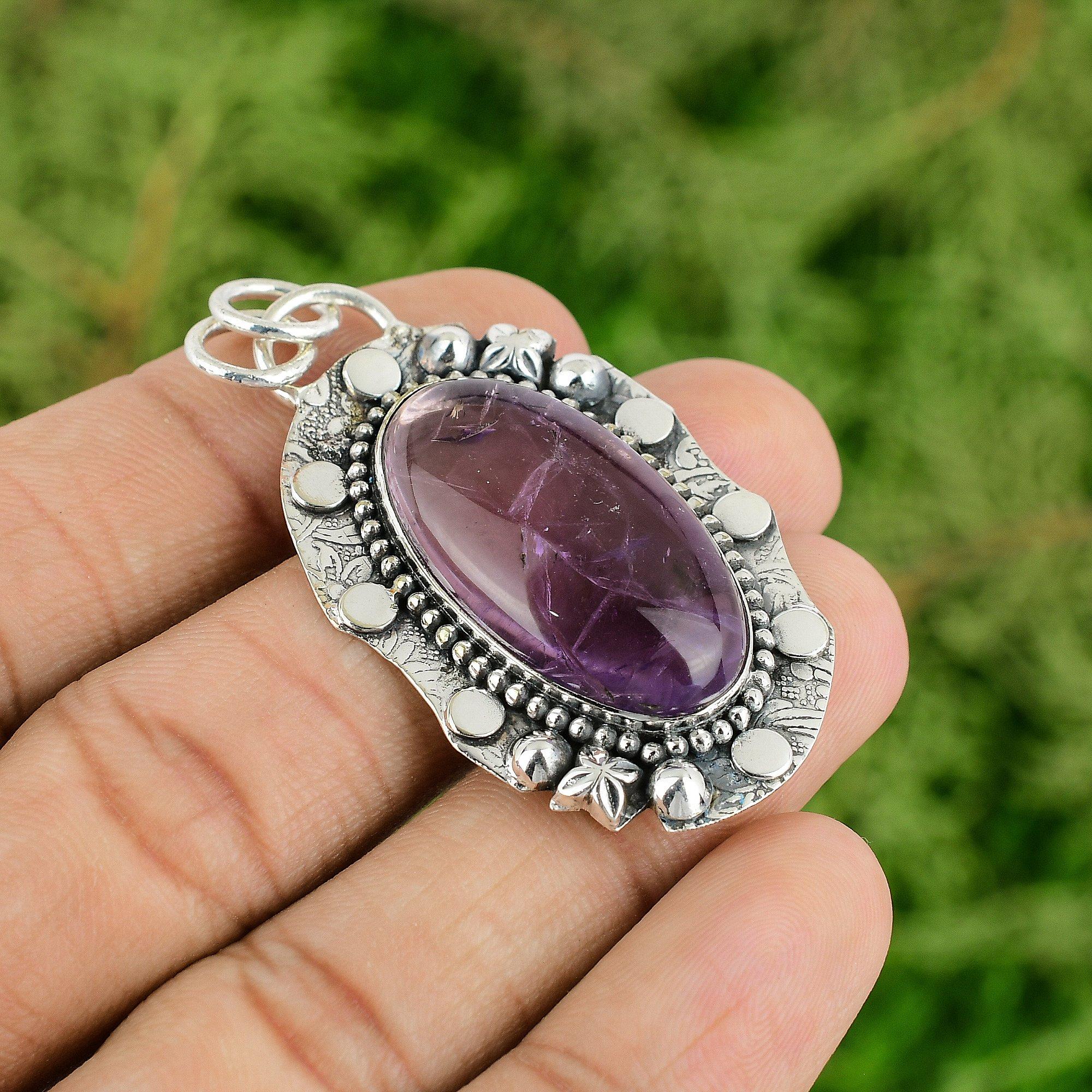 

Sisters Day Sale 925 Silver Oval Natural African Amethyst Handmade Bezel Pendant