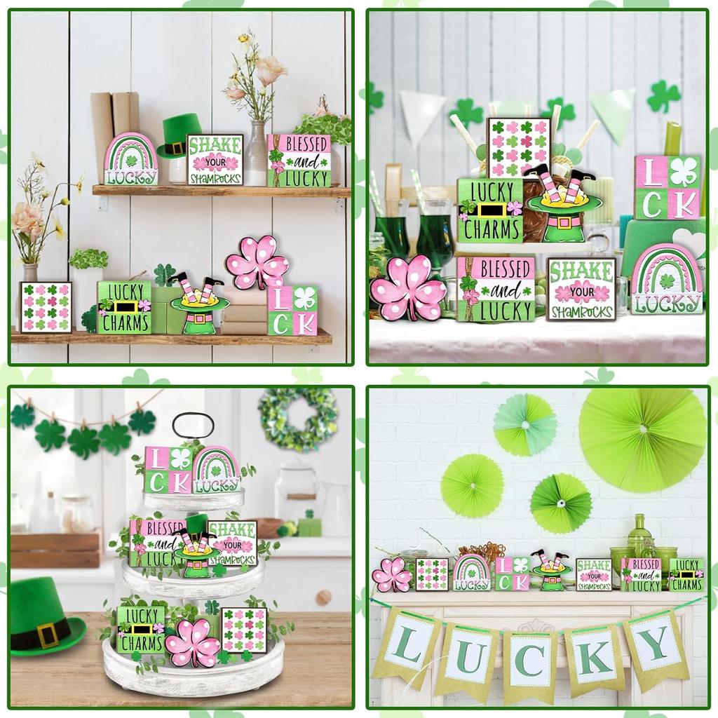 St. Patrick's Day Tiered Tray Decor, Pink Green Farmhouse Tray Decorations, Lucky Polka Dot Shamrock Clover Top Hat Wooden Signs, Rustic Spring