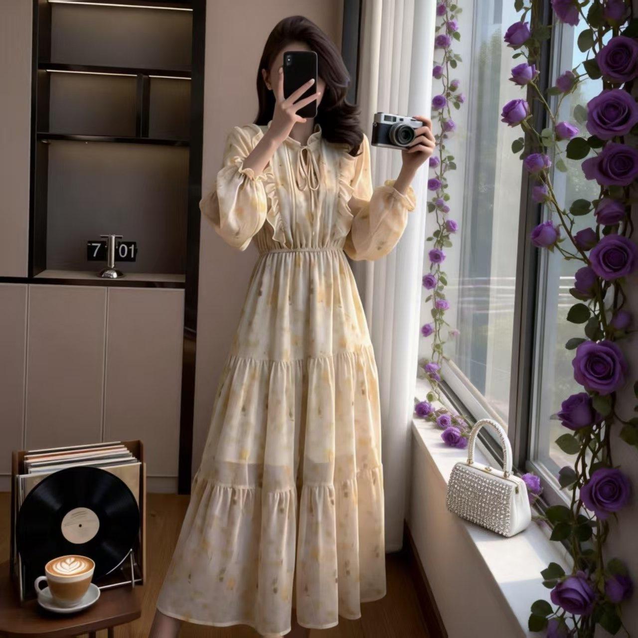 

Women s Korean Chic Floral Ruffled Long Dress with European & Hong Kong Style and Puff Sleeves 2XL