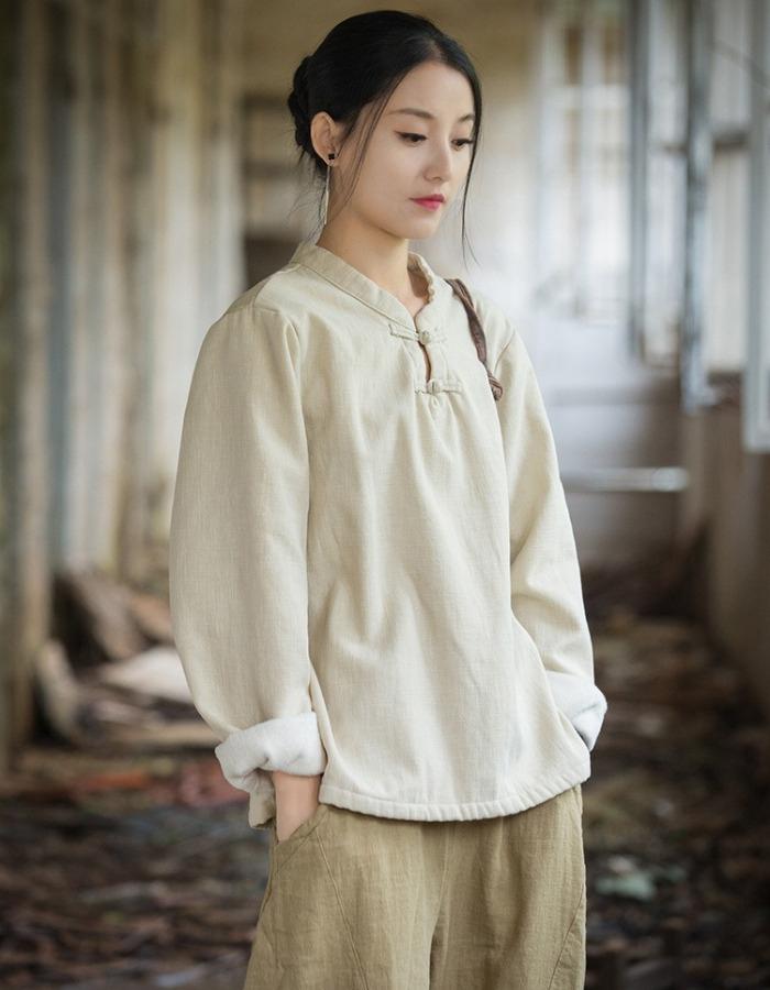 Johnature Women Chinese Style Fleece Shirts Solid Color Warm Tops Stand Long Sleeve Blouses Winter Vintage Button Shirt