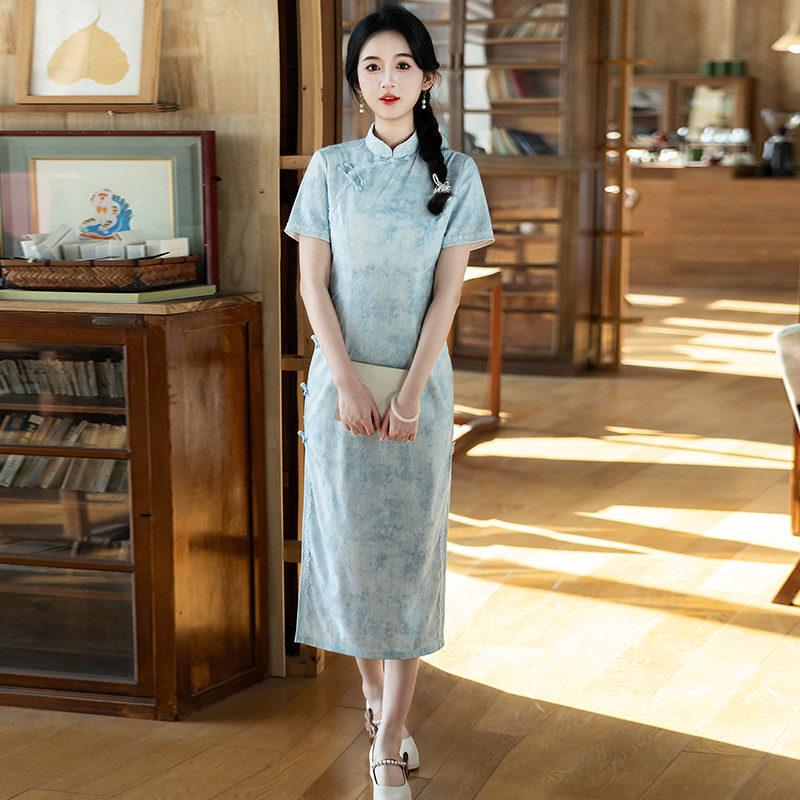 Modrá národní styl nový čínský styl denní Suzhou dlouhé čchang-pao vylepšené mladé 1011 nové dámské vysoký pocit léto