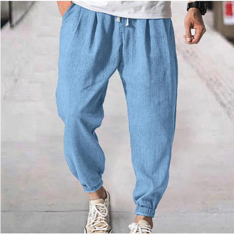 Cotton and Linen Nine Cropped Pants Beach Pants Pocket Drawstring Elastic Waist Solid Color Comfortable and Breathable  Men’s Casual Pants