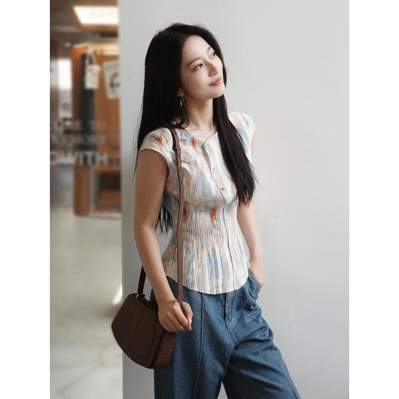 

EP YAYING 2025 Summer Printed Pleated Blouse L