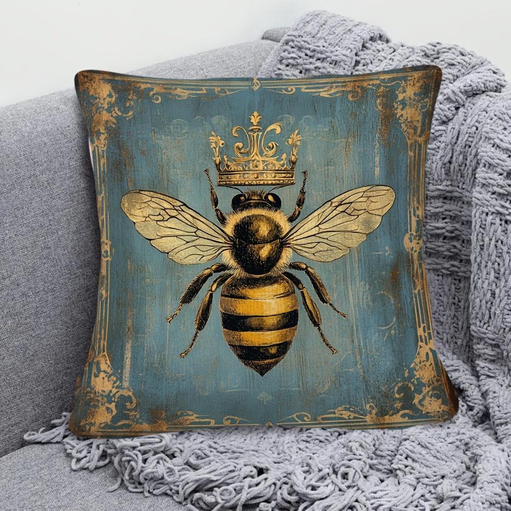 Retro Bee And Crown Design Decorative Pillowcase 45X45Cm Zipper Closure Polyester For Sofa, Living Room Decor Cushion Cover
