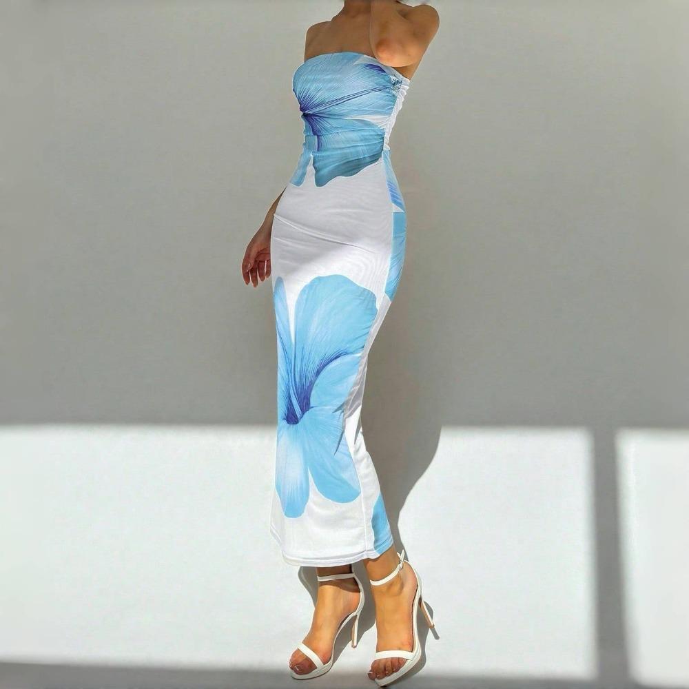 LYRIA Slim Blumenmuster Schulterfrei Ärmellos Rückenfrei Eleganz Kleid Damen Bodycon Lang Tube Top Kleid für Party Club