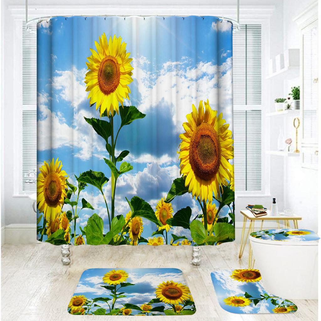 Bathroom Shower Curtain Four-Piece Shower Curtain Waterproof And Mildew-Proof Sunflower Shower Curtain Partition Curtain Free Of Punching