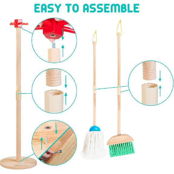 Kids Cleaning Set, 8 Pcs Wooden Housekeeping Play Set Includes Broom Mop Duster Dustpan Brushes Rag and Organizing Stand, Cleaning Toys Gift for
