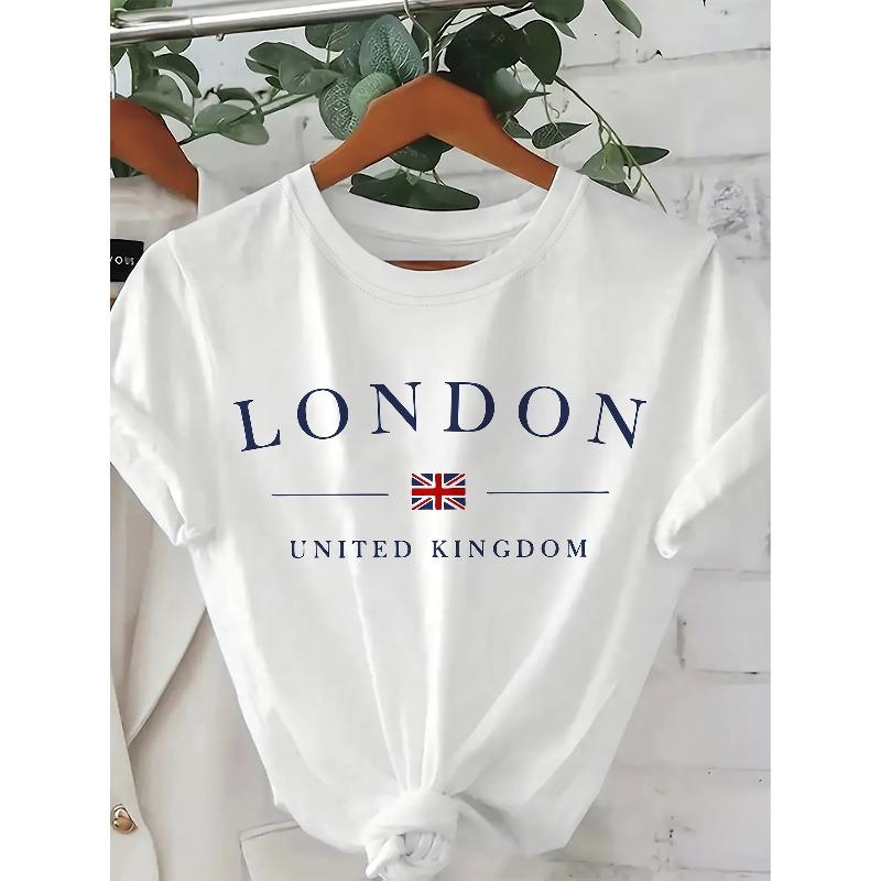 

European sizes Letter Print T-shirt, Short Sleeve Crew Neck Casual Top for Summer & Spring, Women s Clothing 4XL білий