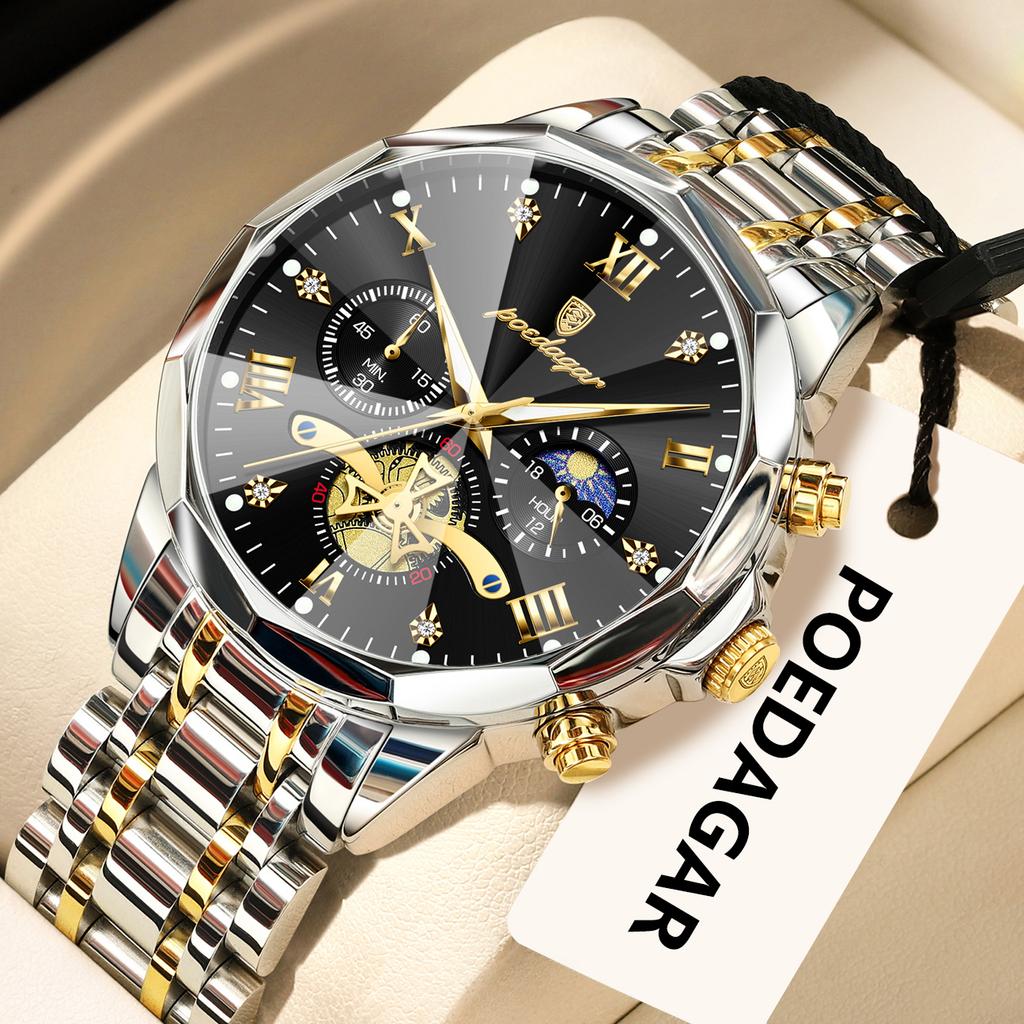 POEDAGAR Original Luxus Herrenuhr Wasserdicht Leuchtend Chronograph Armbanduhr Edelstahl Quarzuhren für Mann Reloj