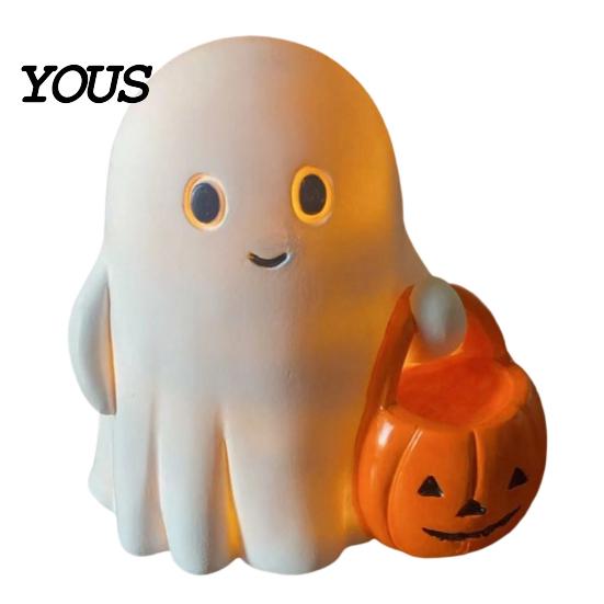 Holiday Ghost Ornament Halloween Holding Pumpkin Figurine, Spooky Statue with Decoration Night Light, Resin for Desk Tabletop Centerpiece