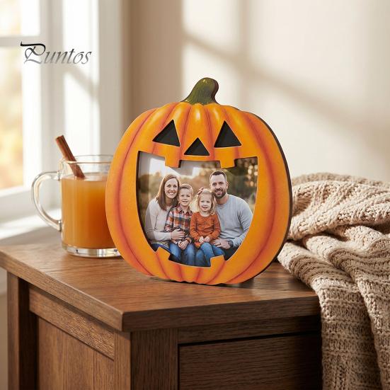Waterproof Photo Frame Halloween Wooden Frame, Pumpkin Ghost Cat Cutout Picture Holiday Portrait Holder, Double-sided Tabletop Decor for Home