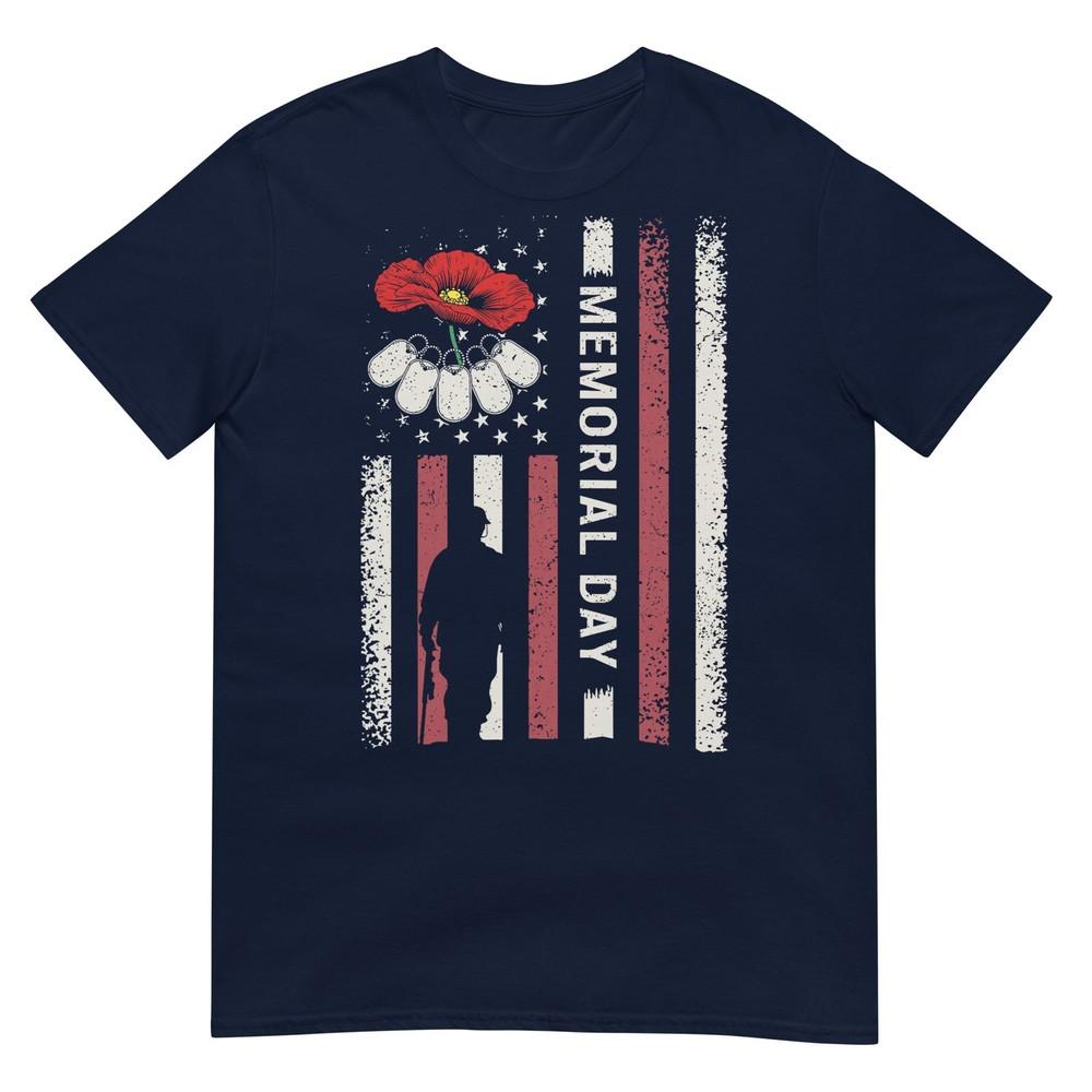 Memorial Day Red Poppy Flower American Flag Usa 4th Of July Tshirt S